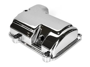 Chrome motorcycle engine cover for Harley Davidson bikes.