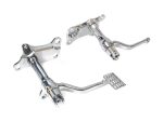 Chrome motorcycle foot pegs and mounting brackets for custom cruiser bikes.