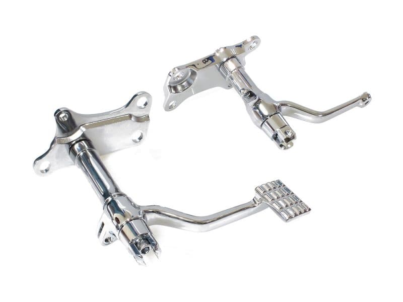 Chrome motorcycle foot pegs and mounting brackets for custom cruiser bikes.