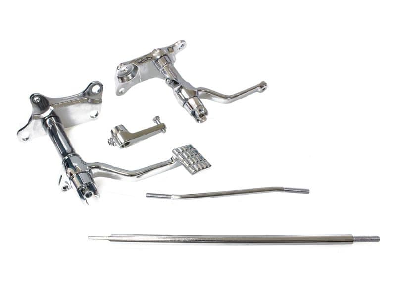 Chrome motorcycle foot pegs and gear shifter set for Harley-Davidson bikes.