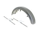 Chrome motorcycle fender with mounting hardware for Harley Davidson bikes.