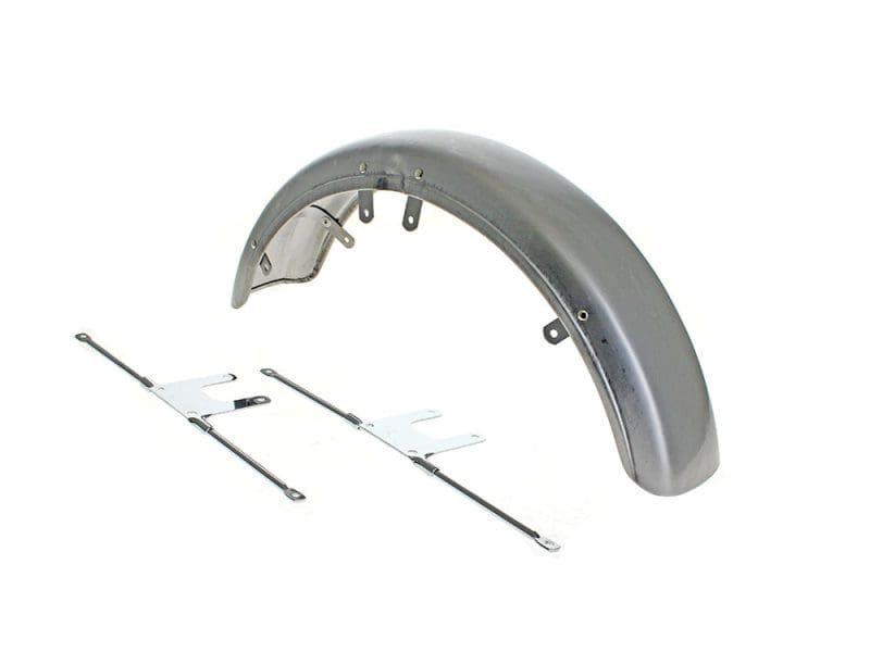 Chrome motorcycle fender with mounting hardware for Harley Davidson bikes.