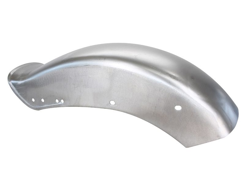 Polished metal motorcycle front fender for custom Harley Davidson bikes.