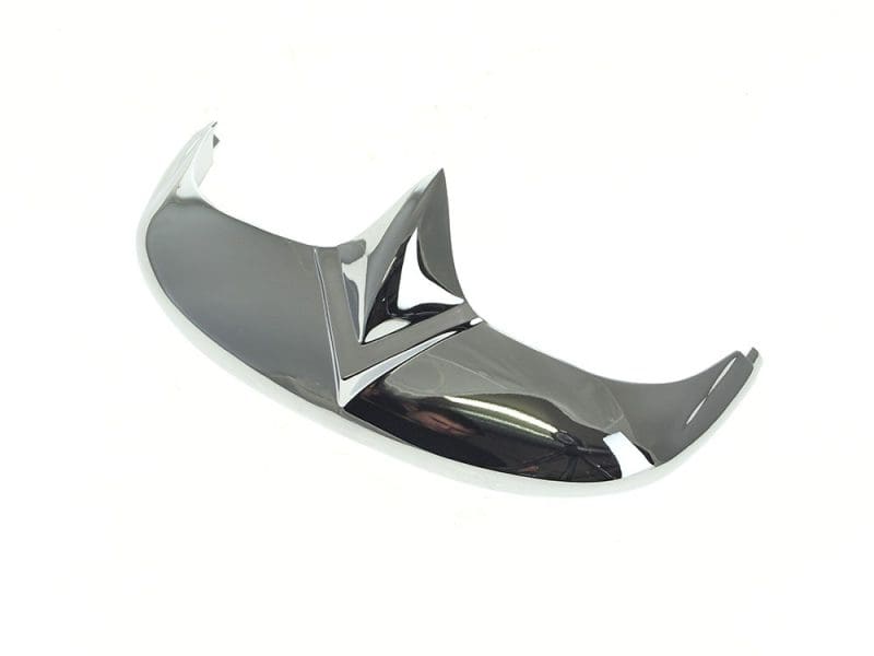 Front V-Type Style Fender Tip - Chrome. Fits FL 1949-1986 Sleek black and silver motorcycle fairing with aerodynamic design for Revelry Motorcycles.