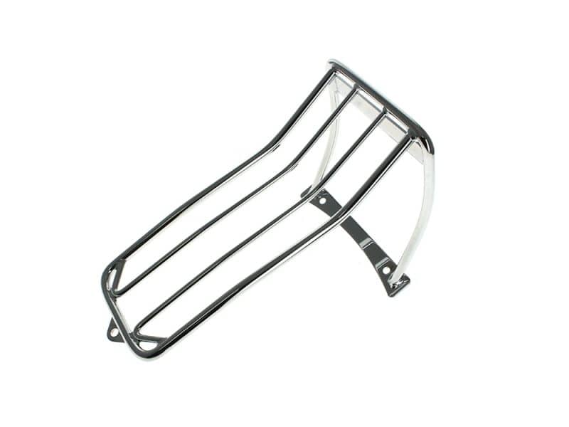 Chrome motorcycle luggage rack for Revelry Motorcycles, durable and stylish for bike accessories.