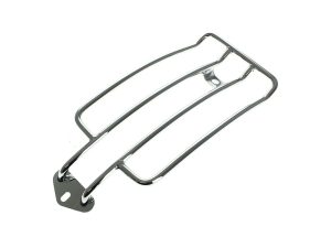 Chrome motorcycle luggage rack for Revelry Motorcycles, stylish and durable accessory.