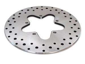 Aluminium motorcycle brake disc with perforated design for Revelry Motorcycles.