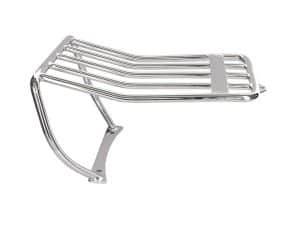 Chrome motorcycle rear luggage rack for Harley Davidson bikes.