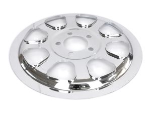 Chrome motorcycle wheel cover with alloy finish and multiple ventilation holes.