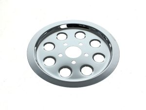 Polished chrome motorcycle wheel hub for Revelry Motorcycles custom builds.