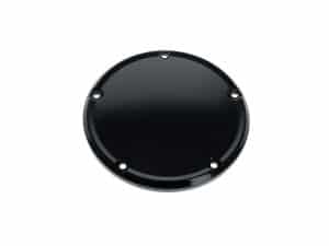 Black motorcycle engine cover, genuine Revelry Cycles accessory, durable and stylish.