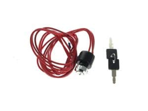 Red motorcycle lock cable with key and lock mechanism for Revelry Motorcycles and bikes.