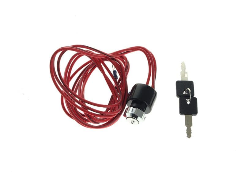 Red motorcycle lock cable with key and lock mechanism for Revelry Motorcycles and bikes.