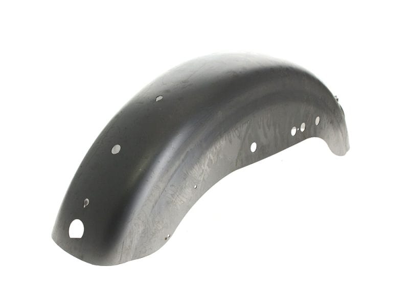 Rider's motorcycle front fender for restored vintage bike, durable steel finish.