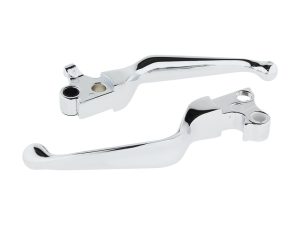 Chrome motorcycle brake and clutch levers for Revelry Motorcycles.