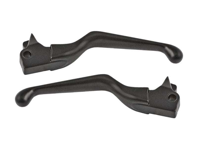 Black motorcycle brake and clutch levers for Revelry Motorcycles. Enhance control and style on your custom bike.