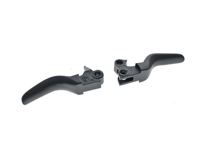 Black motorcycle clutch lever and brake lever set for Revelry Motorcycles, durable and stylish.