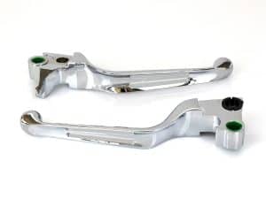Chrome motorcycle brake and clutch levers for Revelry Motorcycles.
