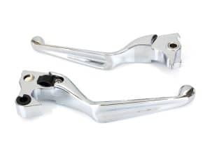 Chrome motorcycle clutch and brake levers for Harley Davidson, high-quality custom bike accessories.