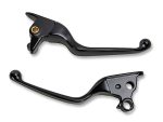 Black motorcycle clutch and brake levers for Harley Davidson bikes.