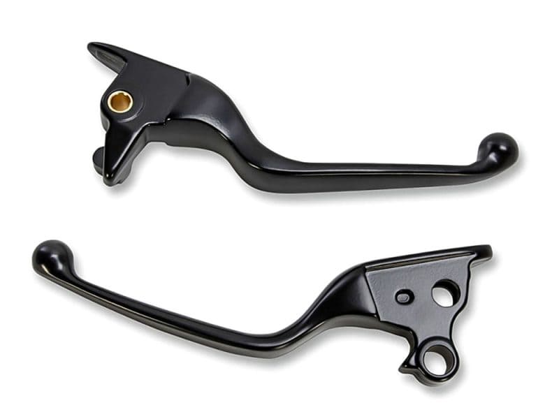 Black motorcycle clutch and brake levers for Harley Davidson bikes.