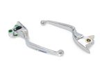 Polished chrome motorcycle brake and clutch levers for custom Harley-Davidson bikes.