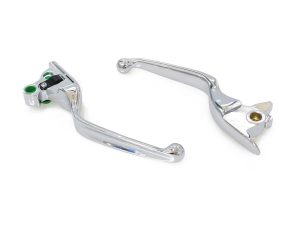 Polished chrome motorcycle brake and clutch levers for custom Harley-Davidson bikes.