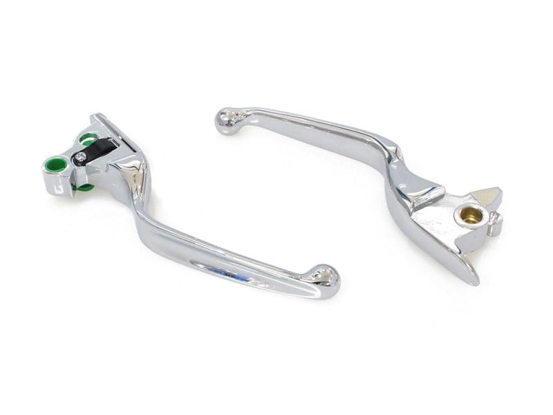 Polished chrome motorcycle brake and clutch levers for custom Harley-Davidson bikes.