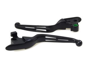 Black motorcycle brake and clutch levers for Revelry Motorcycles, premium quality, durable metal construction.