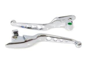 Shiny chrome motorcycle brake and clutch levers with perforated design for Harley Davidson bikes.
