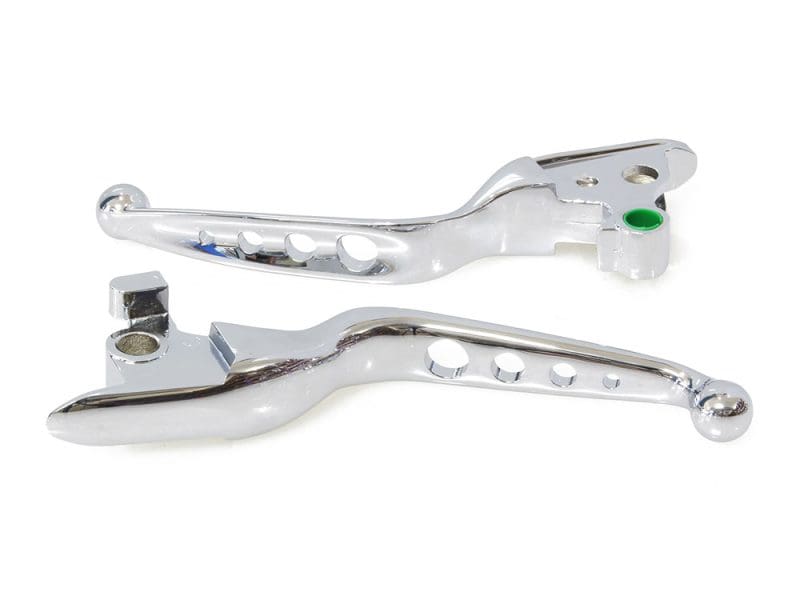 Shiny chrome motorcycle brake and clutch levers with perforated design for Harley Davidson bikes.