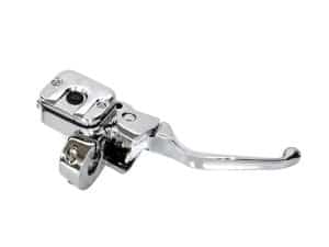 Chrome motorcycle brake lever and master cylinder for custom bike builds.