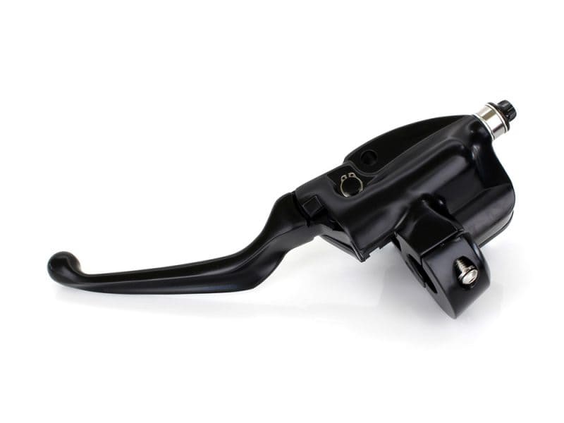 Black motorcycle brake master cylinder with lever and reservoir for Revelry Motorcycles.