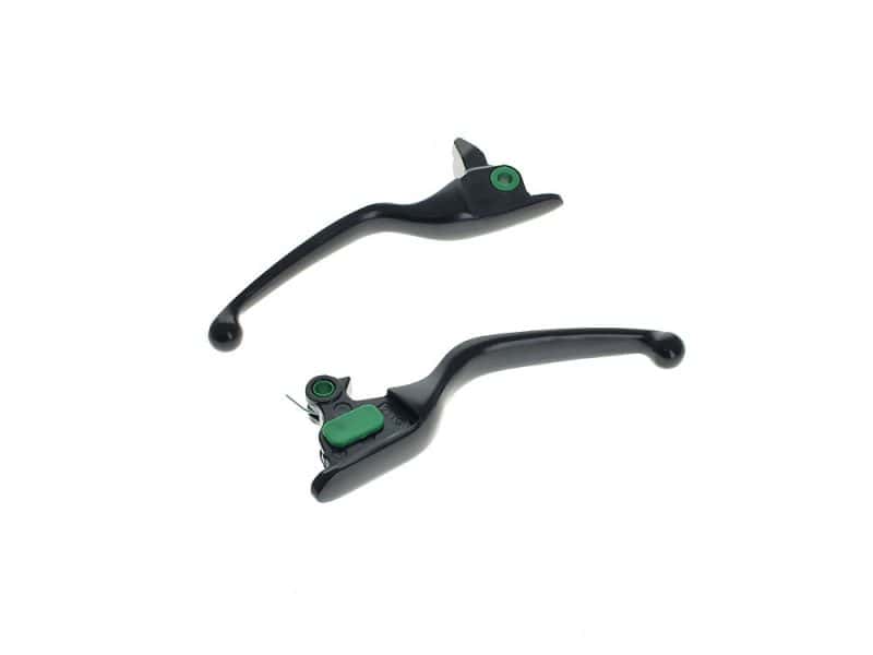 Black motorcycle brake and clutch levers with green accents, compatible with Revelry motorcycles for enhanced control and style.