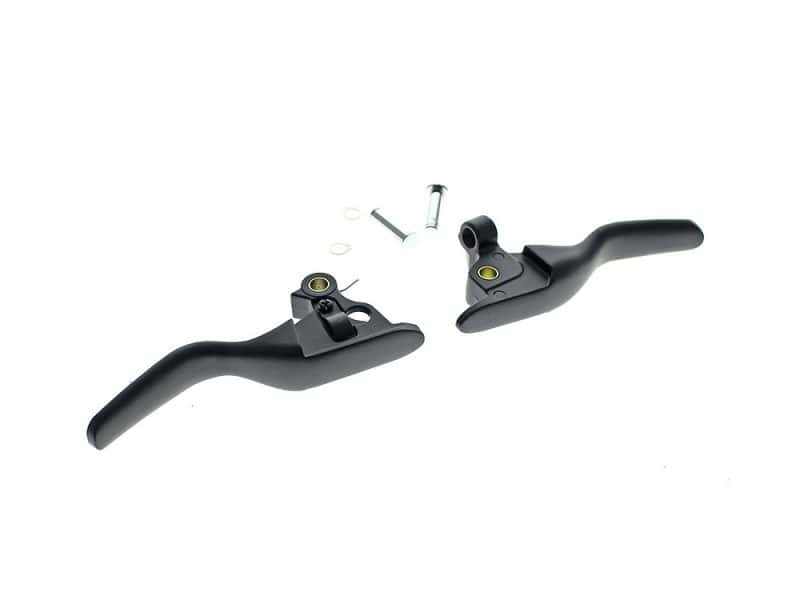 Black motorcycle handlebar levers with installation hardware for Revelry Motorcycles.