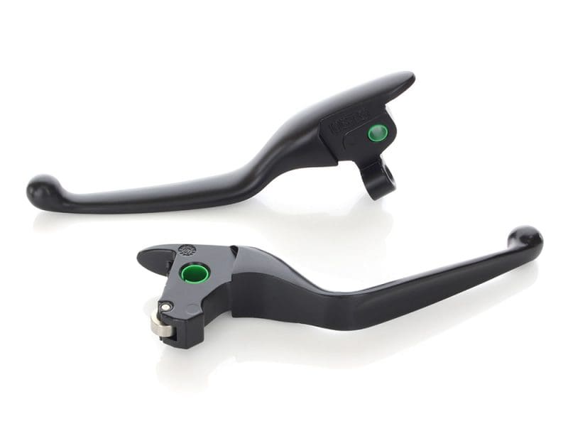 Black motorcycle clutch and brake levers for riders.