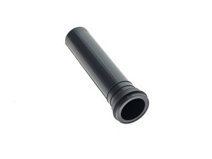 Black motorcycle exhaust pipe, high-performance design for Revelry Motorcycles.