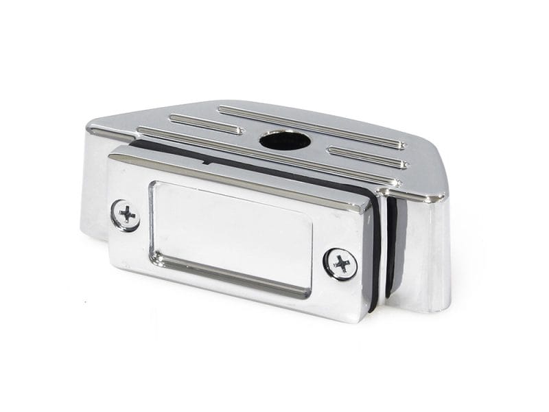 Chrome motorcycle rear fender license plate bracket for Revelry Motorcycles.