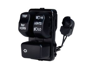 Switch assembly for motorcycle handlebar controls, includes lighting, horn, and trip switches. Suitable for Revelry Motorcycles accessories.