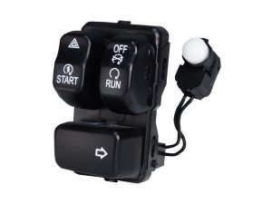 Motorcycle handlebar switch with starter, run/off, hazard, and indicator functions for Revelry Motorcycles.