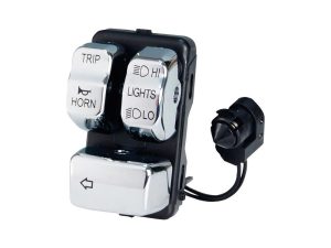 Chrome motorcycle switch panel with multiple control buttons for Revelry Motorcycles.