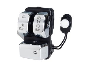Motorcycle switchgear with start, run, and off controls for Revelry Motorcycles.