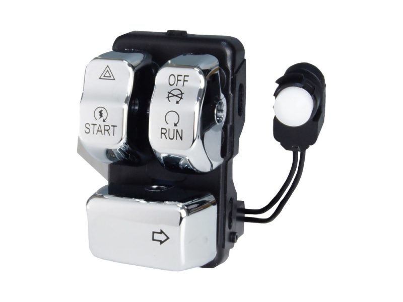 Right Hand CanBus Handlebar Control Module - Chrome Switches. Fits Softail 2011-2024 Motorcycle switchgear with start, run, and off controls for Revelry Motorcycles.