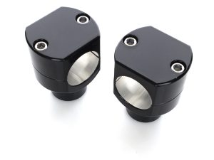 Machined black handlebar risers for motorcycle, Revelry Motorcycles accessories.