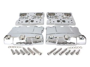 Polished motorcycle triple tree clamps and hardware kit for Harley Davidson bikes.