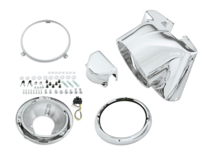 Freight Train Nacelle - Chrome. Fits FL Softail 1986-2017. Shiny chrome motorcycle headlight and headlamp mounting kit components.