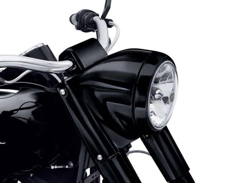 Freight Train Nacelle - Gloss Black. Fits FL Softail 1986-2017. Vivid black motorcycle headlight with chrome accents, perfect for riding enthusiasts.