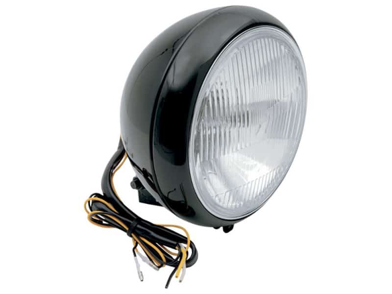 Bright motorcycle headlight with wiring, ideal for Revelry Motorcycles and bike accessories.