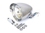 Bright chrome motorcycle headlight with wiring and mounting hardware for Revelry Motorcycles.