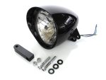 Black motorcycle headlight with mounting hardware and wiring for Revelry Motorcycles.